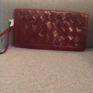 Red vegan leather woven texture clutch purse